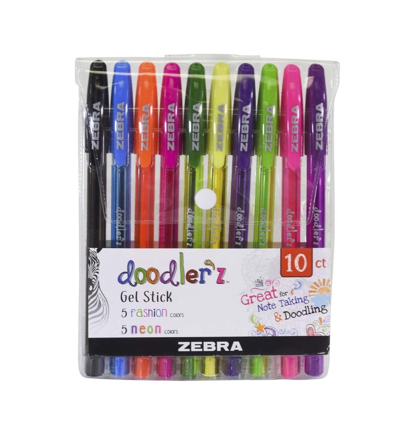 Zebra Pen Doodlerz Gel Stick Pens 10-Pack, 1.0mm Bold Point, School Supplies & Scrapbook Supplies, Smooth Writing, Ergonomic Grip, Assorted Neon Colors, Translucent Barrel (41810) - Image 1
